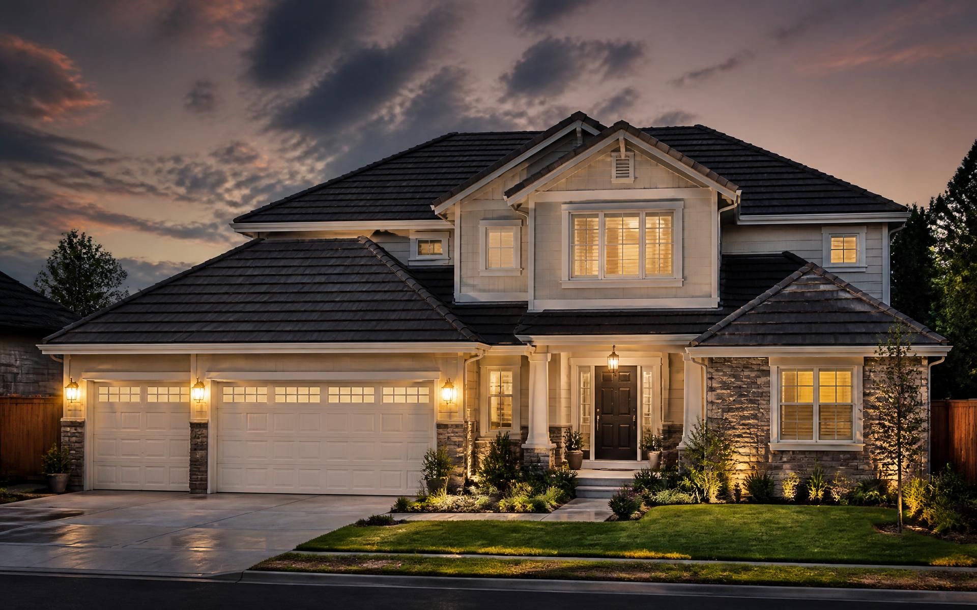 Suburban American home with a premium composite tile roof at dusk